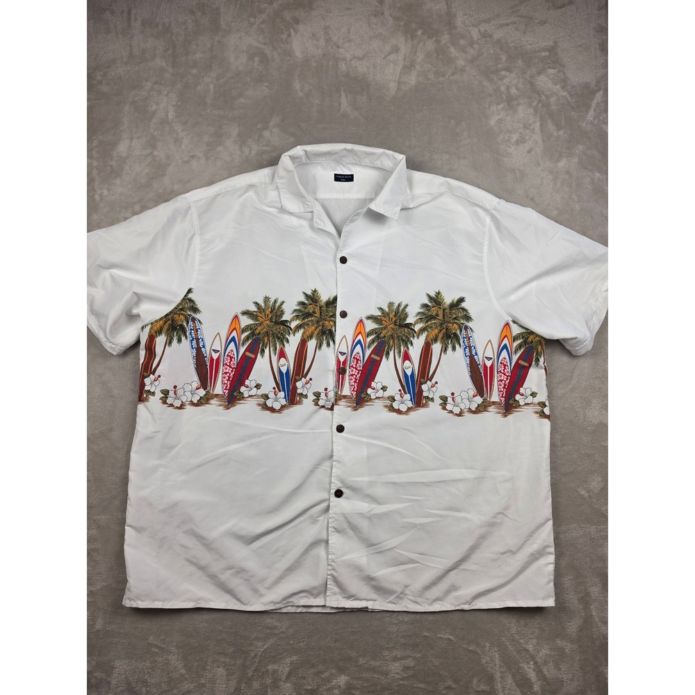 Tropical Storm Button Up Shirt Mens 4XL White Surfboard Palm Tree Hawaiian Print